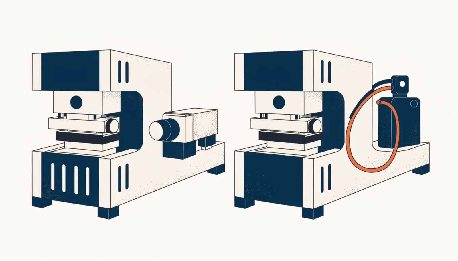 Illustration isométrique : Presse plieuse servo-électrique vs hydraulique : Le comparatif définitif